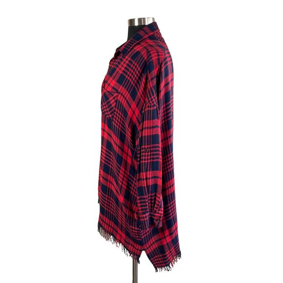 Umgee Red & Black Flannel Shirt Tunic with Fringed Hem Sz MED Oversize Casual - Picture 2 of 9
